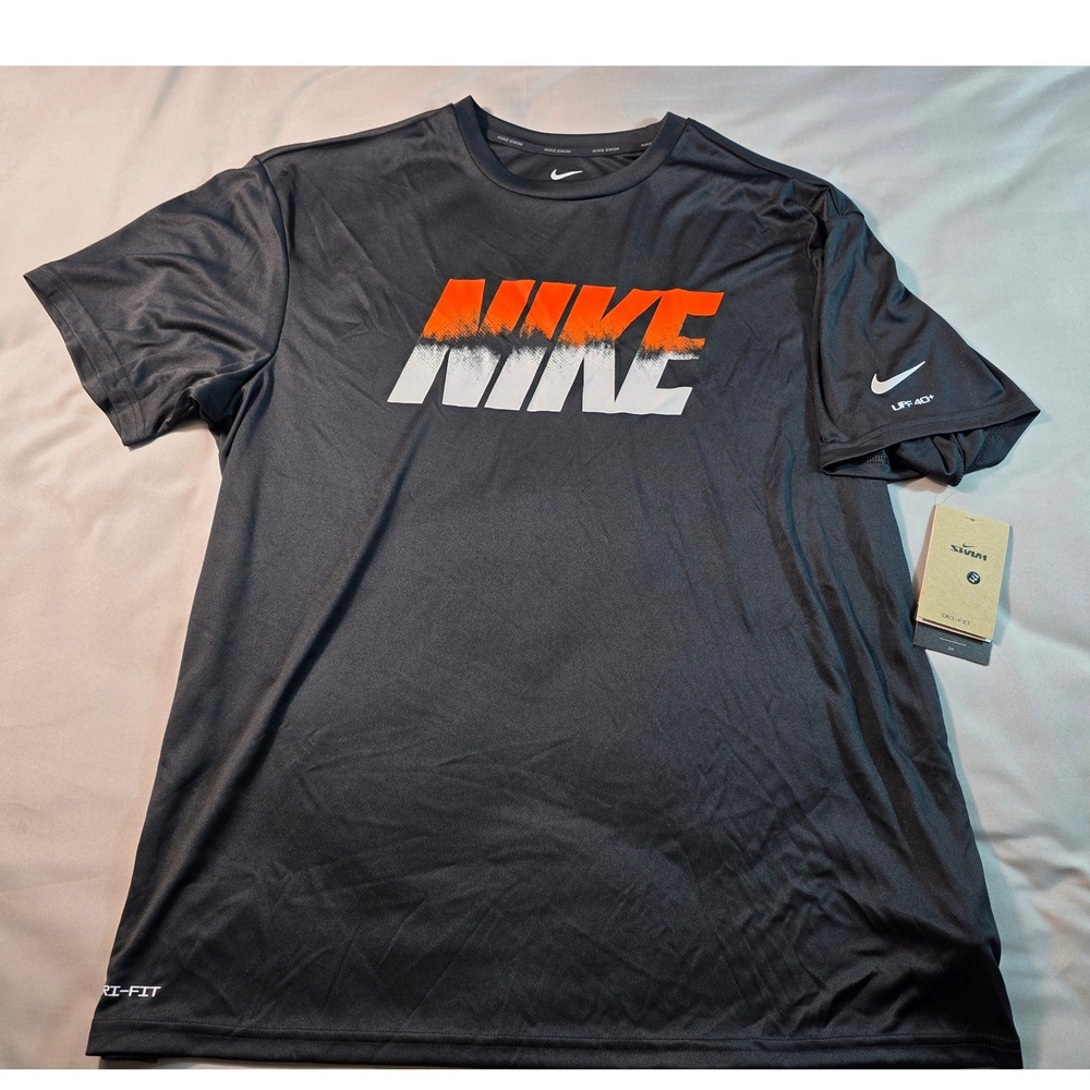 Nike Swim Shirt Mens XL Black Dri-FIT UPF 40+ Graphic Logo NEW